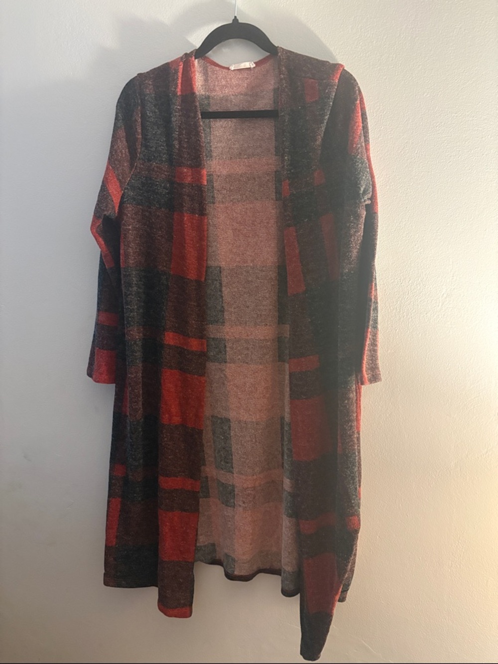 Chic Soul Open-Front Plaid Cardigan Sweater - Red & Black